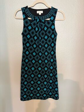 Magnolia Black Mini Dress with Teal Geometric Motif